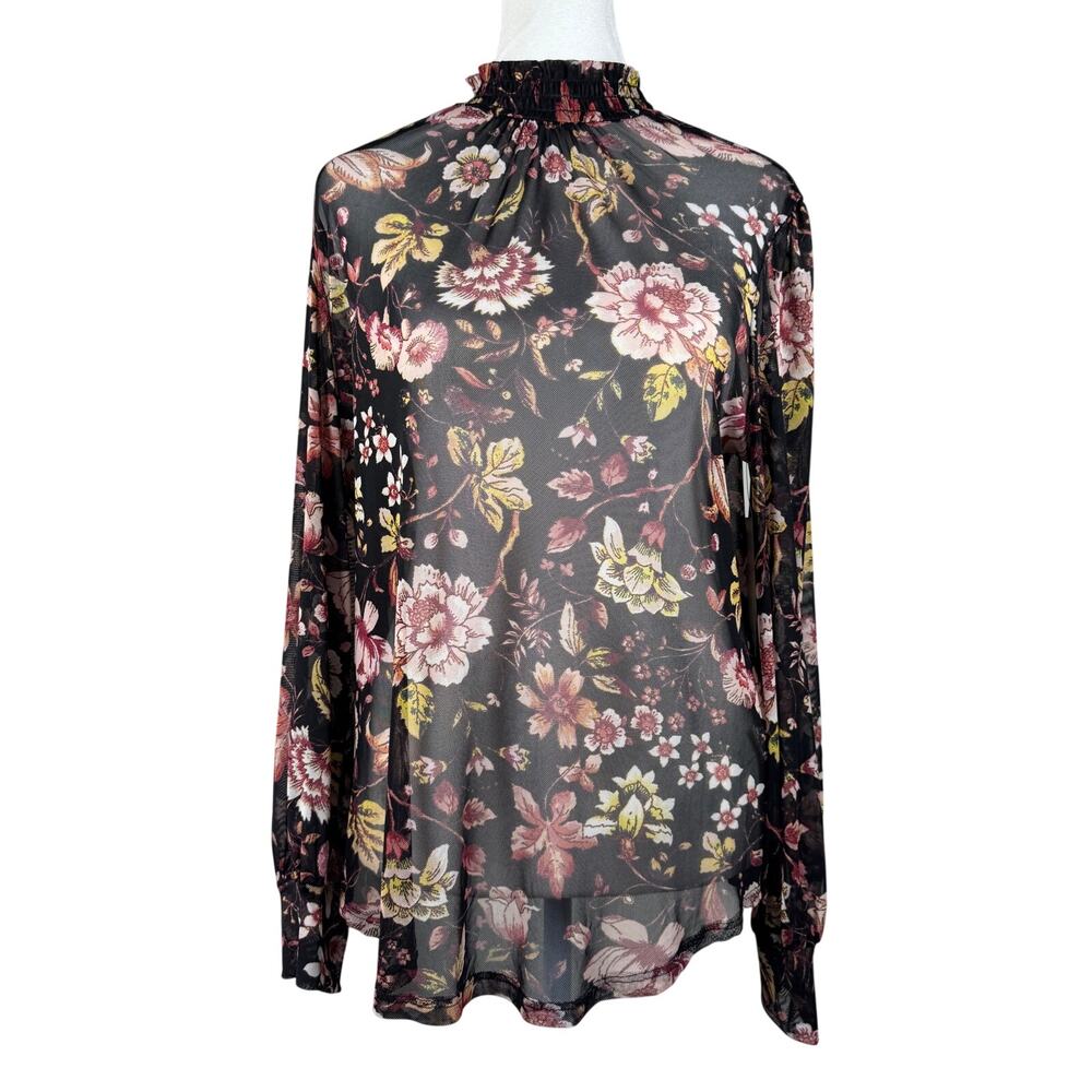 NWT Ivy Ridge Sheer Black Floral Print High Neck Long Sleeve Blouse